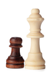 White and brown wooden chess pieces on white background