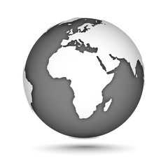 Fototapeta na wymiar Globe icon gray on white with smooth vector shadows and map of the continents of the world. Africa, Europe