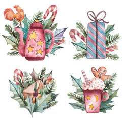 Set of watercolor compositions with Christmas   elements. Gifts, holly, sweets, mug and teapot for cards, stickers and other purposes. 