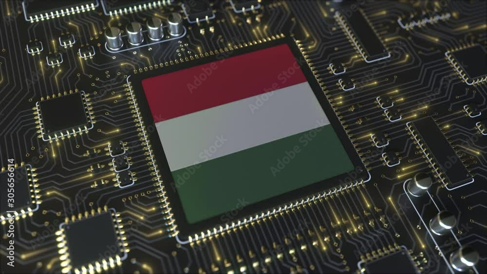 Poster national flag of hungary on the operating chipset. hungarian information technology or hardware deve