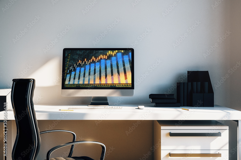 Aufkleber cabinet desktop interior with financial charts and graphs on computer screen. concept of stock marke