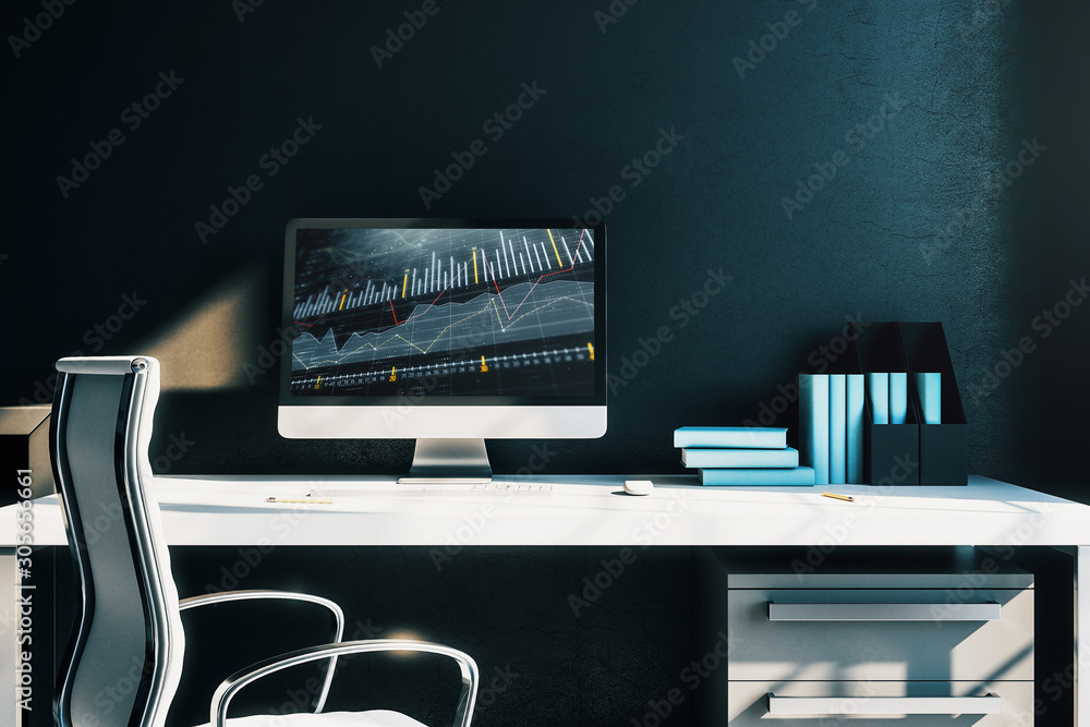 Poster cabinet desktop interior with financial charts and graphs on computer screen. concept of stock marke