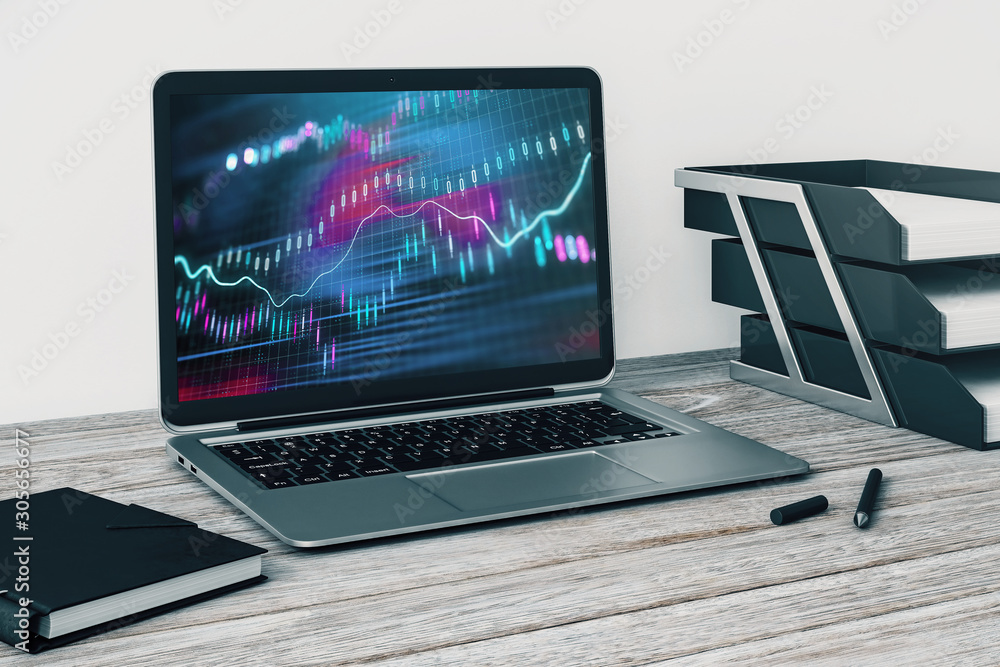 Poster laptop closeup with forex graph on computer screen. financial trading and education concept. 3d rend