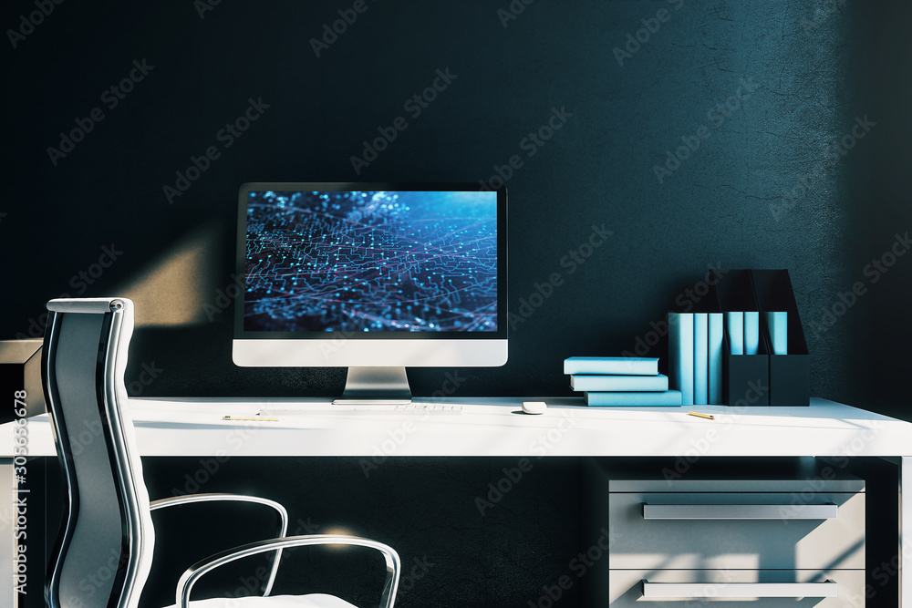 Poster cabinet desktop interior with technology theme drawing on computer screen. concept of hightech. 3d r