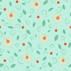 beautiful floral botanic seamless pattern with orange physalis fruits on green background with leaves, editable vector illustration, for fabric, textile, paper, decoration, wallpaper	