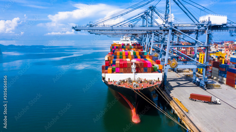 Wall mural container cargo ship at industrial commercial port in import export, china boat business commerce lo - Wall murals