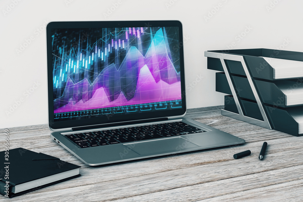 Aufkleber laptop closeup with forex graph on computer screen. financial trading and education concept. 3d rend