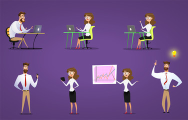 Businessman and businesswoman set. Thery work with laptop