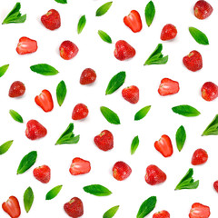 Strawberries and mint leaves isolated on white background