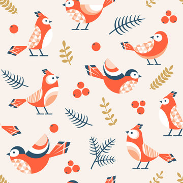 Christmas seamless pattern with birds, fir branch and red berries