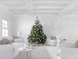 3D-Illustration. new nordic living room with a christmas tree.