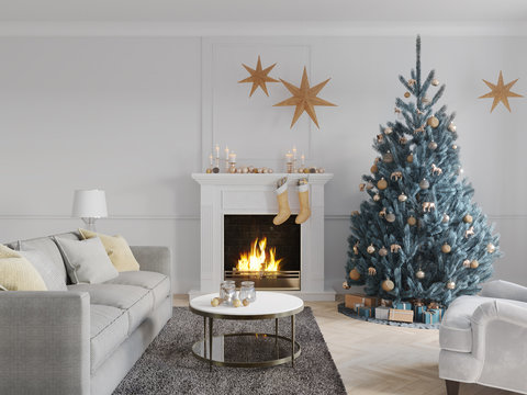 3D-Illustration. christmas scene with decorated tree and fireplace.