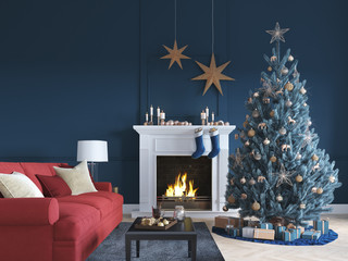 3D-Illustration. christmas scene with decorated tree and fireplace.
