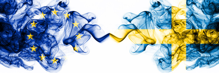 Eu, European Union vs Sweden, Swedish smoky mystic flags placed side by side. Thick colored silky abstract smoke flags combination