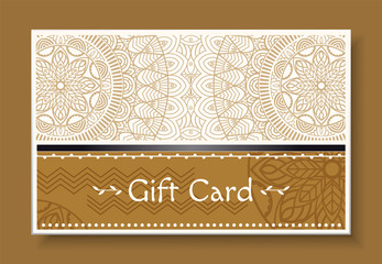 Festive gift card with mandala isolated on brown. Greeting postcard with repeated decorative design, geometric waves on paper. Template of shopping certificate. Vector illustration in flat style