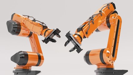 Industrial robots for welding & handling. Robotic Arm, 3D rendering isolated on gray background