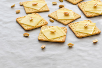 Crackers with cheese and peanuts with copy space. Selective focus. 
