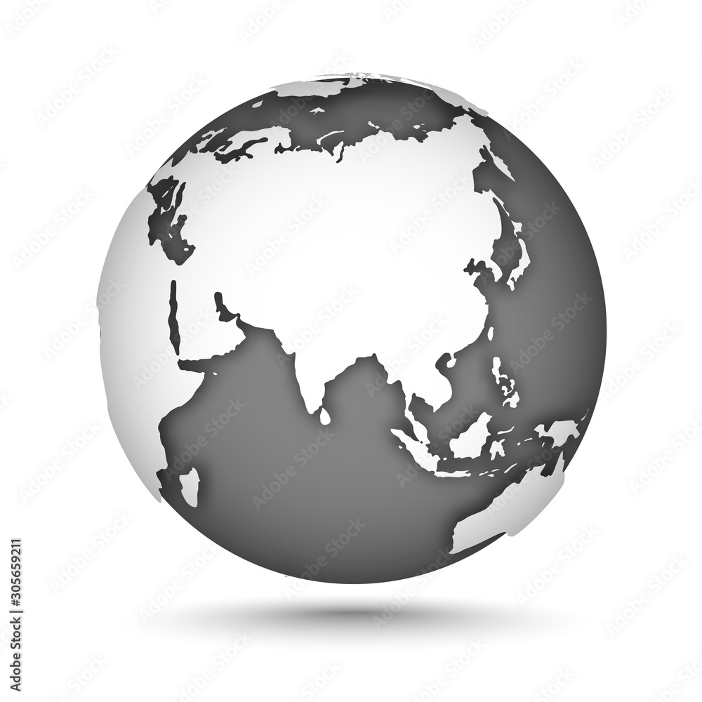 Aufkleber globe icon gray on white with smooth vector shadow and map of the continents of the world. white con