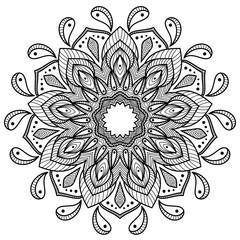 Mandala coloring book page. Circular pattern for henna, mehendi, tattoo, vintage decorative ornament, textile print, background, wallpaper, wall paper, packaging paper. Boho chic, ethnic pattern.