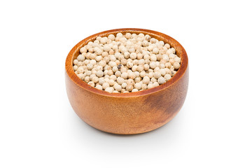 Peppercorn in wood bowl isolated on white background with clipping path.