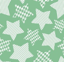 Knitted stars, seamless pattern, green, monochrome, vector. Effect of knitted fabric. Vintage decor. White figures on a green field. 