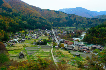 Shirakawago village in the evening on a little sunny day