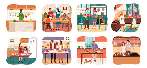 Set of characters cooking meal at home. Man and woman with children preparing food for dinner. Lady at stove alone. Grandmother with granddaughter making dishes for holiday. Vector in flat style