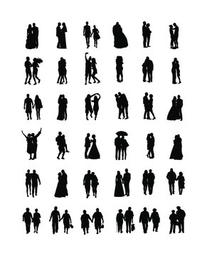 Couple in love silhouette vector big collection. Woman and man in love. Girl and boy dancing. Wedding couple, bride and groom ceremony. Senior people closeness. All generations family people set.