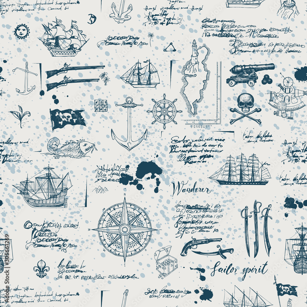 Aufkleber vector abstract seamless pattern on the pirate theme with sketches, illegible notes and ink blots. v
