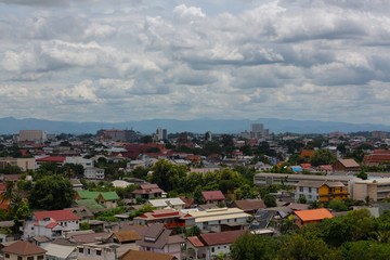 white cloud on blue sky above the town, aerial view cityscape