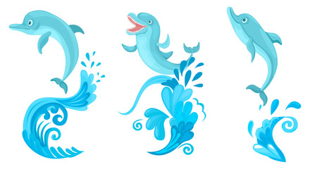 Set of dolphins jumps from the ocean wave. Blue water pattern. Vector characters on white background