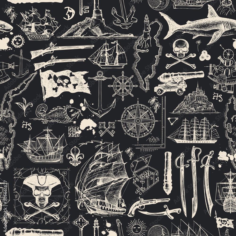 Aufkleber vector abstract seamless pattern on the pirate theme with hand-drawn sketches on the black backdrop.