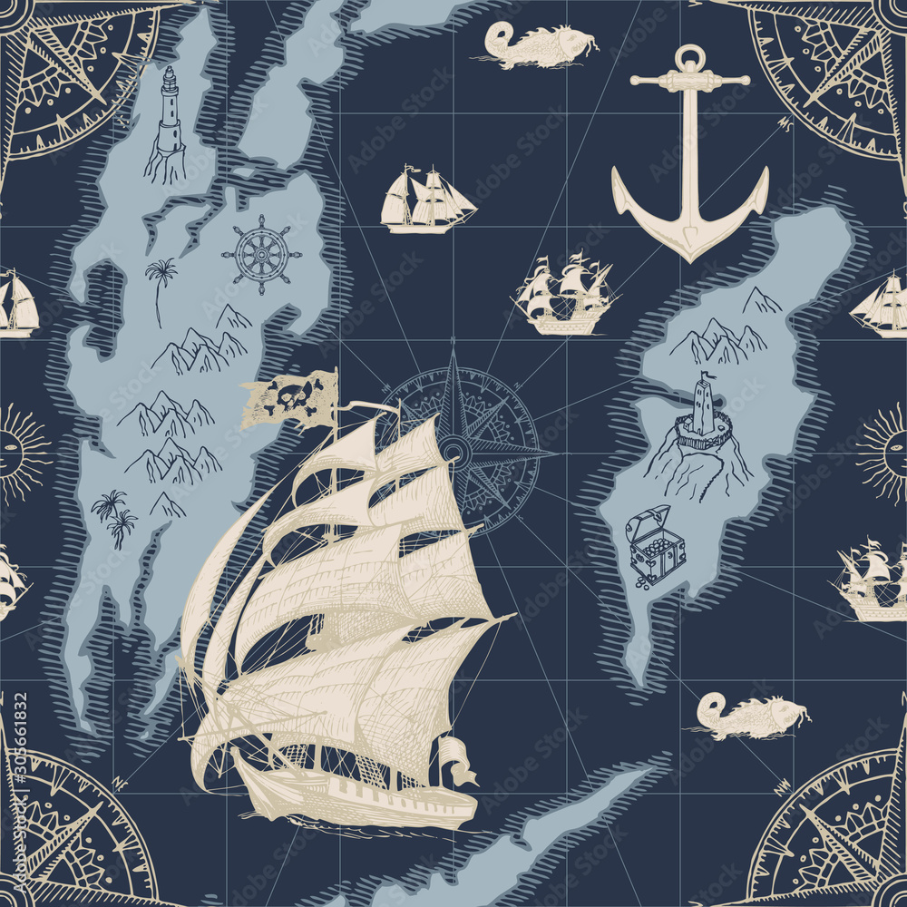 Poster vector abstract seamless pattern in retro style on the theme of travels, adventures. pirate frigates