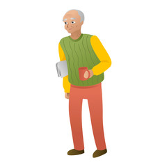 Grandfather is old man standing in newspaper and cup of tea. Retiree. Vector isolated character.