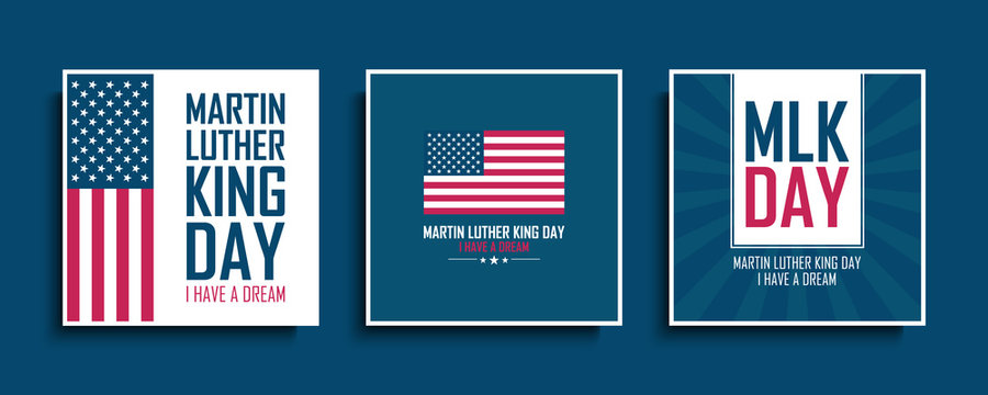 Martin Luther King Day celebrate cards set with United States national flag. MLK day collection. USA national holiday vector illustration.
