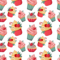 Seamless pattern cartoon cakes in vector. Hand drawn dessert in vintage style. Cap cake with cream and cherry. Sweet food isolated on white background. Color illustration. Design for the menu.