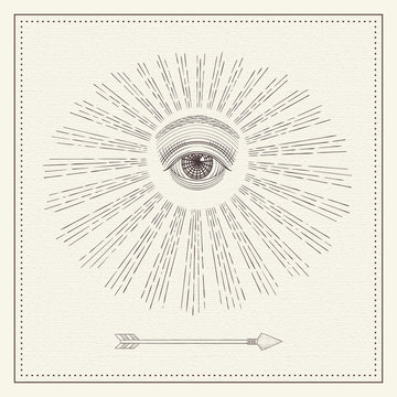 Vector all-seeing eye, eye in the sky with light ray, symbol of the Masons, Illuminati, monochrome hand drawn sketch
