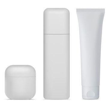 Cosmetic bottle set. White cream, lotion package isolated on background. Realistic plastic 3d container template. Body cream tube mockup. Moisturizer mask jar