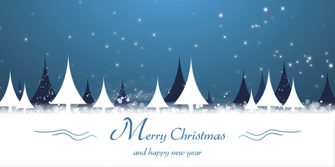 Stilisierte Tannenbäume in einer Winterlandschaft mit Text Merry Christmas