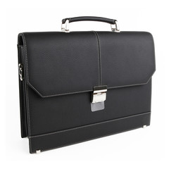 Business bag or case in black leather. On white background