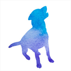 white background, blue watercolor dog silhouette