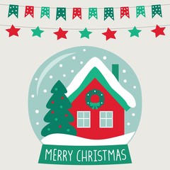 Fototapeta premium Christmas glass ball with a cute cartoon house, greeting card 