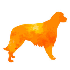 vector, on a white background, orange watercolor silhouette of a dog standing