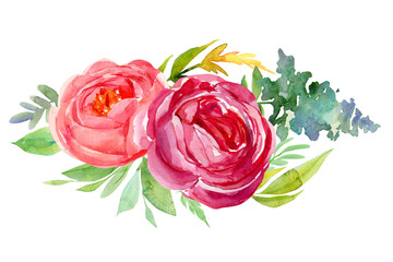 bouquet abstract flowers, leaves, painted with watercolor, peony, eucalyptus, greens