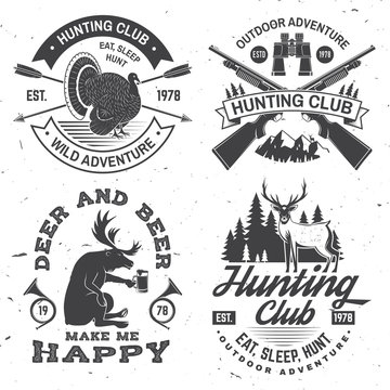 Set of Hunting club badge. Vector Concept for shirt, label, print, stamp. Vintage typography design with hunting gun, binoculars, bear, deer, mountains and forest. Outdoor adventure hunt club emblem