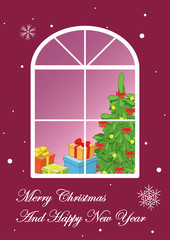 purple postcard with new year tree and gifts in window - vector greeting card for christmas holidays