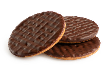Three dark chocolate coated digestive biscuits isolated on white. - obrazy, fototapety, plakaty