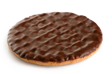 Dark chocolate coated digestive biscuit isolated on white.