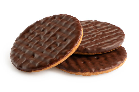 Three dark chocolate coated digestive biscuits isolated on white.