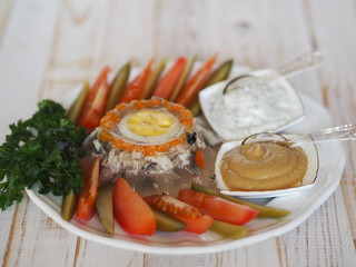 aspic fish meat on a white table